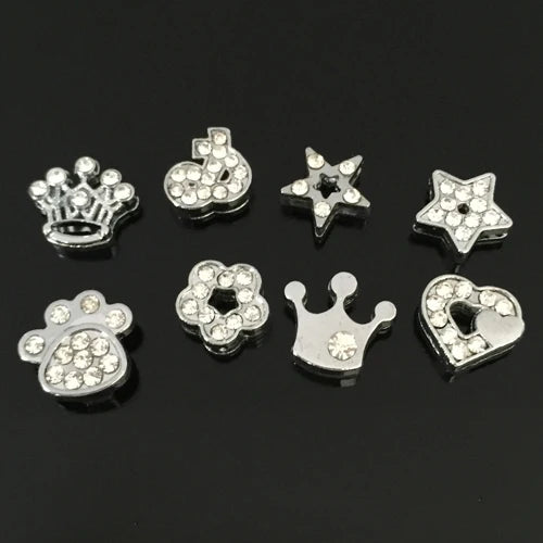 120Pcs 8mm Slide Rhinestone Charms Heart Crown Stars Cross PAW Jewelry Findings