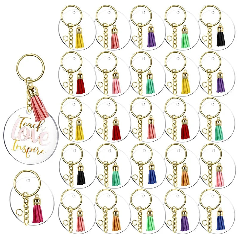 120Pcs Clear Acrylic Keychain Blanks with Tassels and Rings for DIY Keychains