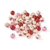 120Pcs Sweet Heart Painted Natural Wood Beads Pink Red Wooden Round Balls Beads