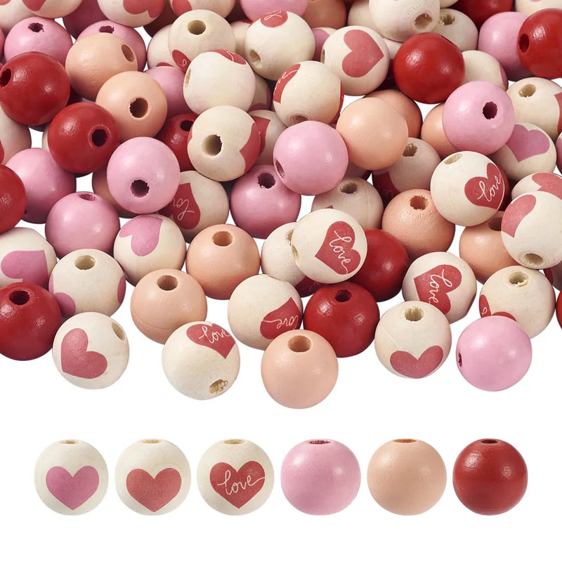 120Pcs Sweet Heart Painted Natural Wood Beads Pink Red Wooden Round Balls Beads