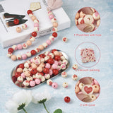 120Pcs Sweet Heart Painted Natural Wood Beads Pink Red Wooden Round Balls Beads