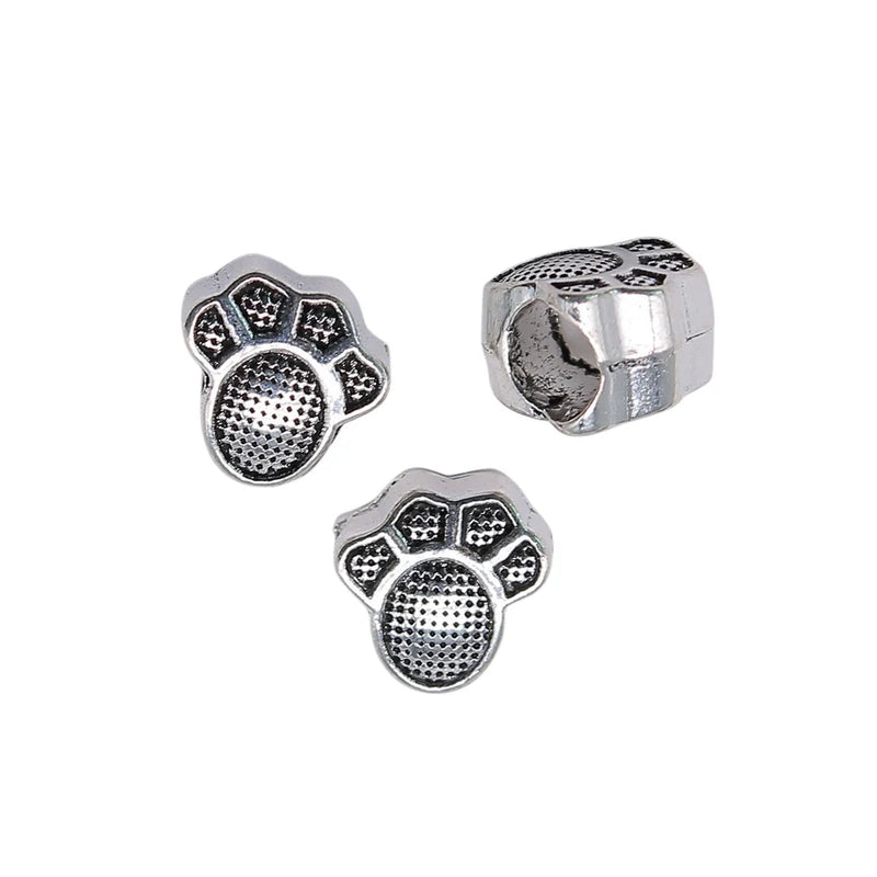 120pcs 10x9x6mm Dog Paw European Big Hole Beads Antique Silver