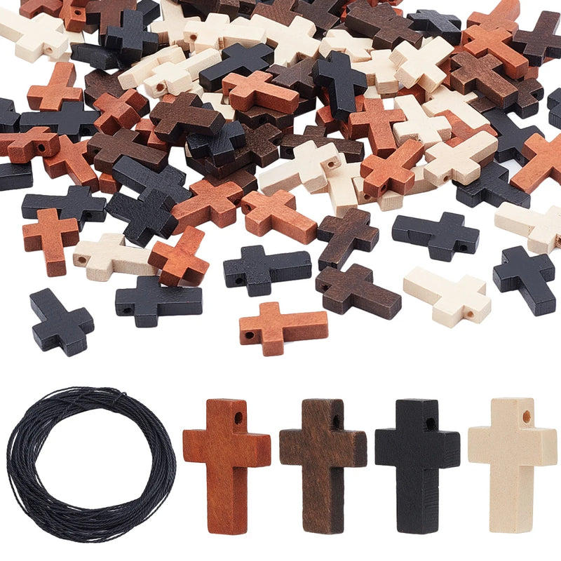 120pcs Wooden Cross Pendants with Waxed Cord DIY Necklace Jewelry Craft