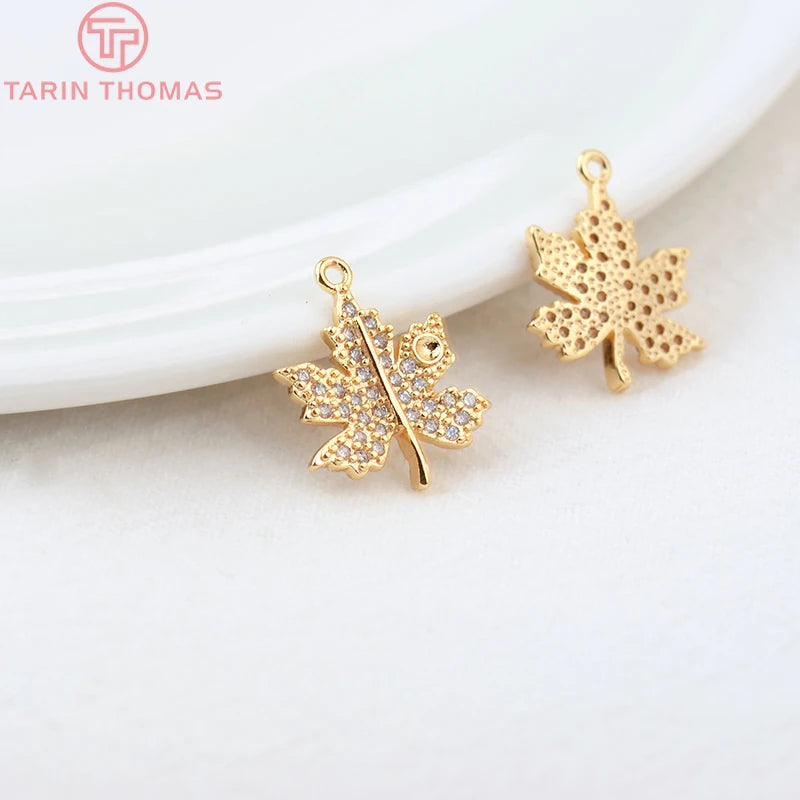 4PCS 12x15MM Maple Leaf Charms Pendants 24K Brass Zircon High Jewelry
