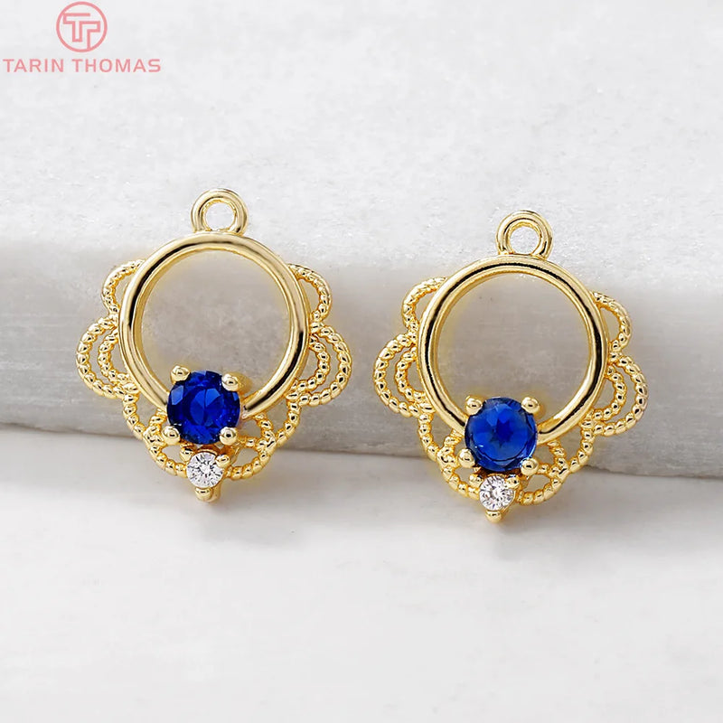 4PCS 13x15MM 24K Brass Zircon Hollow Flower Charm Pendants
