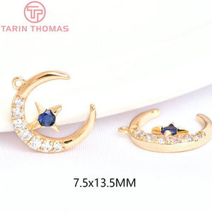 4PCS 12MM 24K Plated Brass Zircon Moon Star Charms Pendants