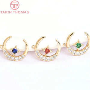 4PCS 12MM 24K Plated Brass Zircon Moon Star Charms Pendants