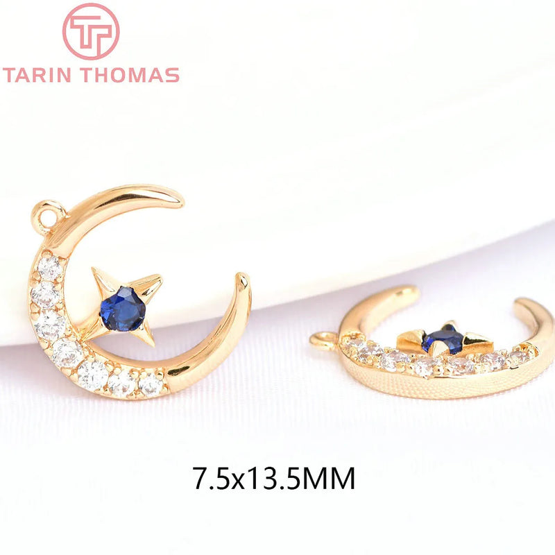 4PCS 12MM 24K Plated Brass Zircon Moon Star Charms Pendants