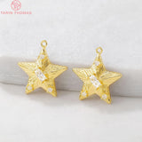 4PCS 16x17MM 24K Brass Zircon Star Round Charm Pendants