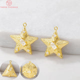 4PCS 16x17MM 24K Brass Zircon Star Round Charm Pendants