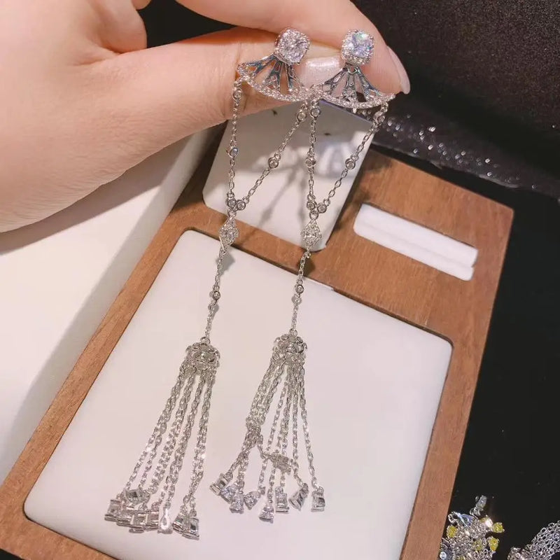 Long Tassel Dangle Earrings For Women Wedding Crystal Bridal Earring