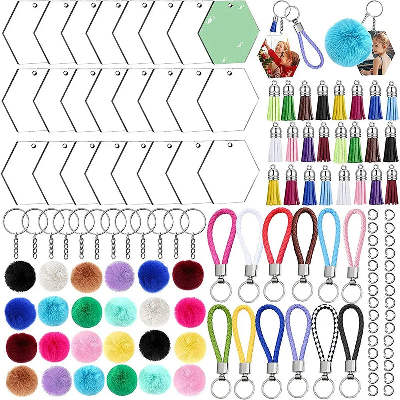 126Pcs Acrylic Keychain Blanks Tassels Round Transparent Embryo Accessories