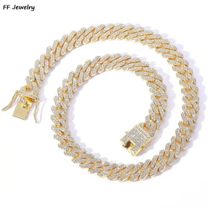 12MM 2 Row Rhinestone Prong Cuban Link Chain Men Women Iced Out Cuban Chain