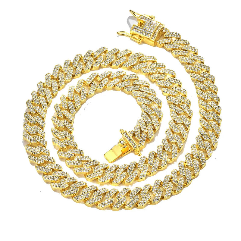 12MM HipHop Prong Cuban Link Chain Necklace Bling Iced Out Rhinestone Pave