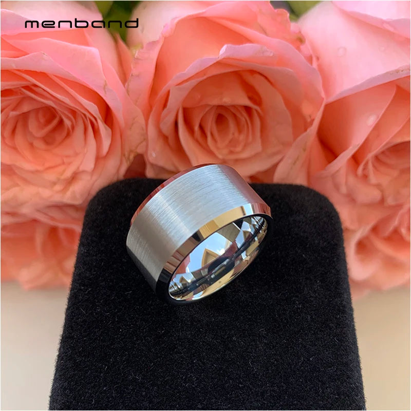 12MM Mens Tungsten Wedding Band Beveled Brushed Finish Comfort Fit