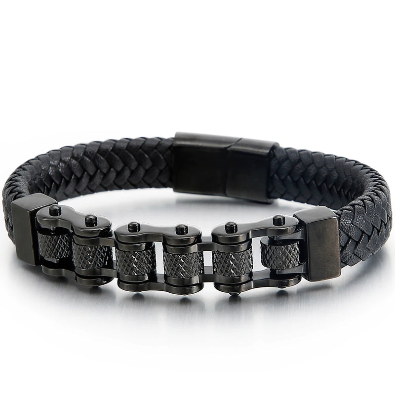 12MM Motorcycle Chain Man Bracelet Braided Leather Wrist Charm