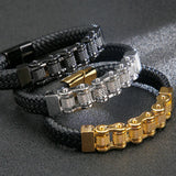 12MM Motorcycle Chain Man Bracelet Braided Leather Wrist Charm