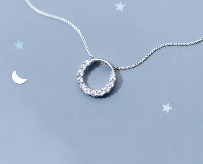 925 Silver Crystals CZ Set Circle Pendant Necklace for Lady