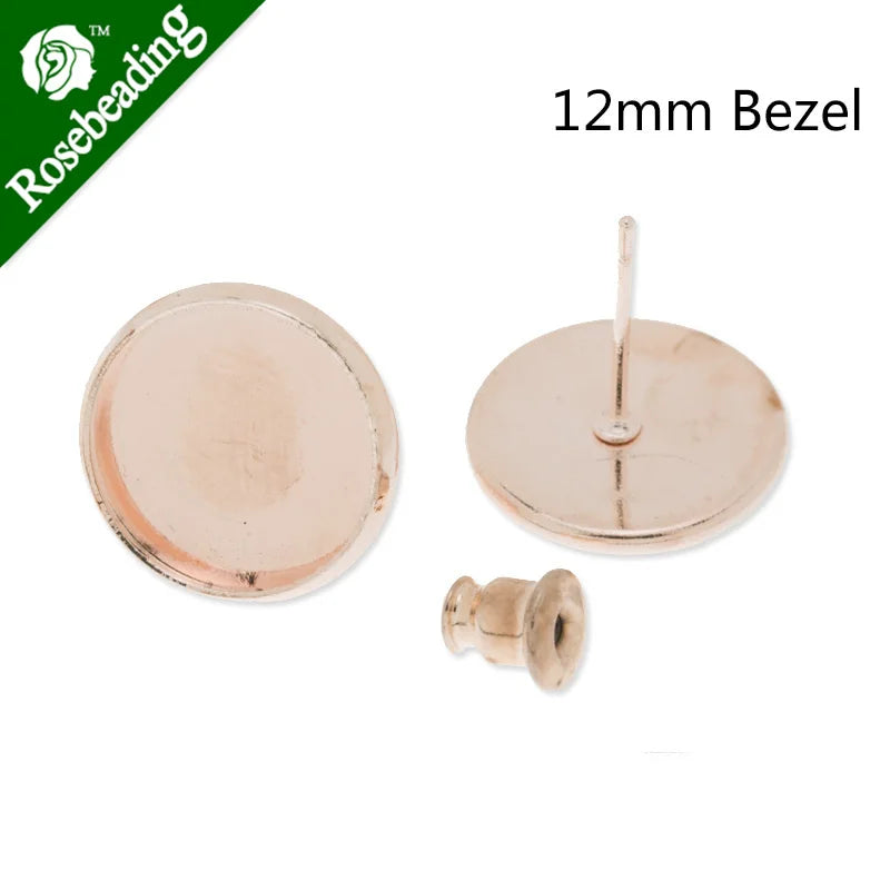 12MM Round Stud Earrings, Rose Plated, Earring Bezels, 50pcs/Lot
