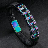 12MM Stainless Steel Motorcycle Chain Wrap Bracelet Men's Leather Bangle