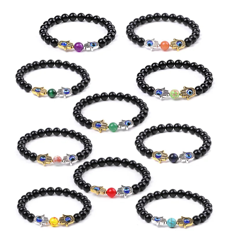 12PC Silver Palm Evil Eye Bracelet Tiger Eye Stone Charm Bracelet for Women