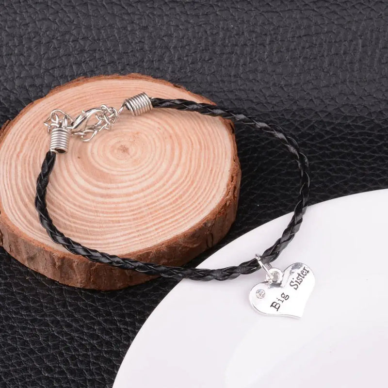 Big Sister Bangles Crystal Heart Pendant Leather Chain Bracelets