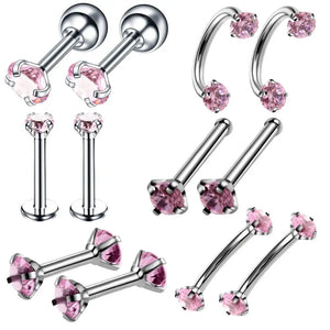 12PCS 16G Steel Nose Rings CZ Curved Prong Ear Lip Piercing Body Jewelry