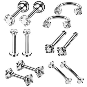 12PCS 16G Steel Nose Rings CZ Curved Prong Ear Lip Piercing Body Jewelry