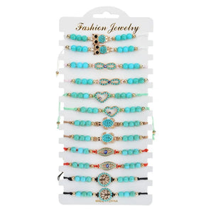 12PCS Natural Turquoise Beaded Bracelet Devil's Eye Knitted Bracelet