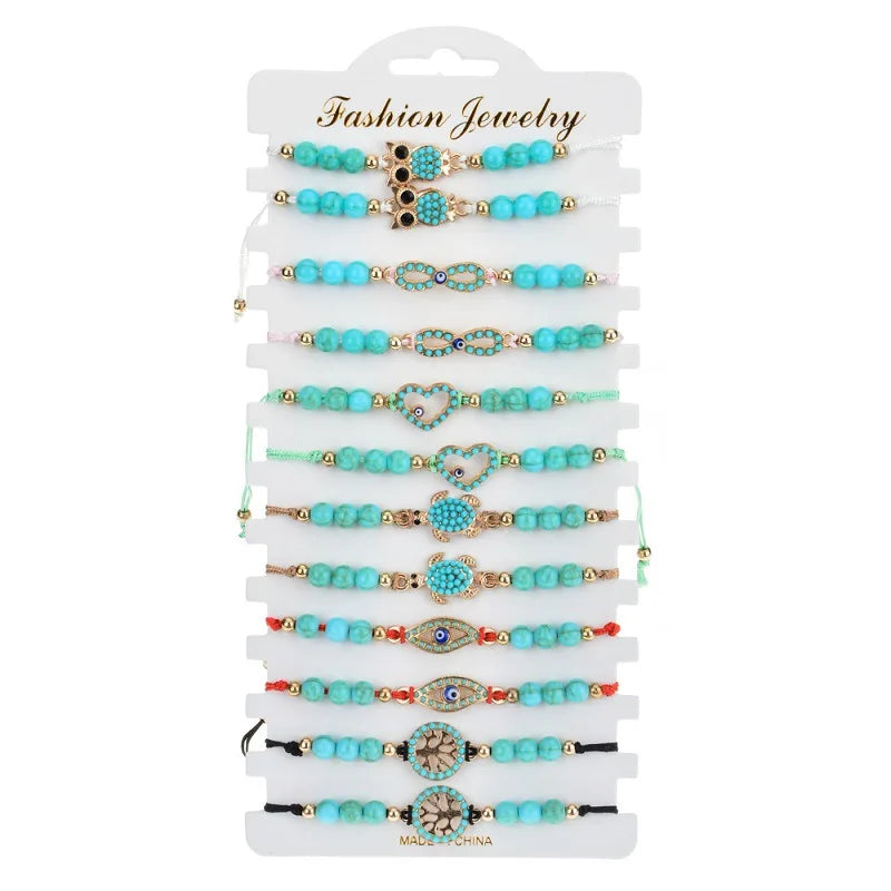 12PCS Natural Turquoise Beaded Bracelet Devil's Eye Knitted Bracelet
