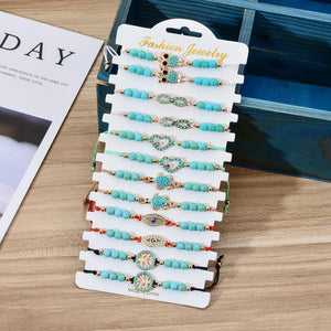12PCS Natural Turquoise Beaded Bracelet Devil's Eye Knitted Bracelet