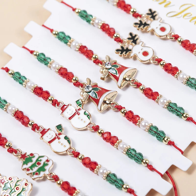 12PCS Christmas Charm Bracelet Set Santa Snowman Bells Elk Snowflake Rope