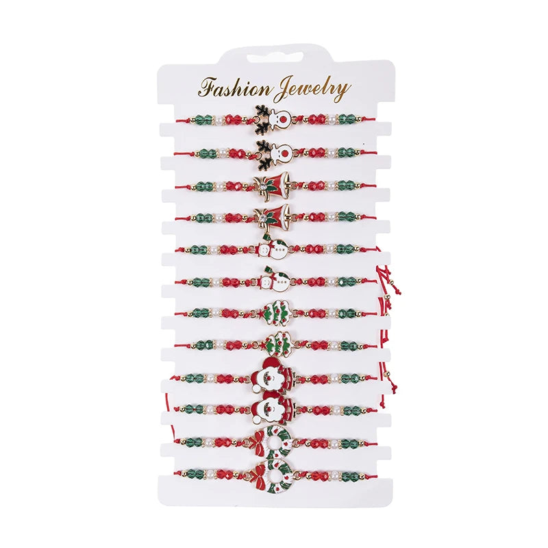Christmas Charm Bracelet Set Santa Claus Snowman Bells Elk Snowflake Rope