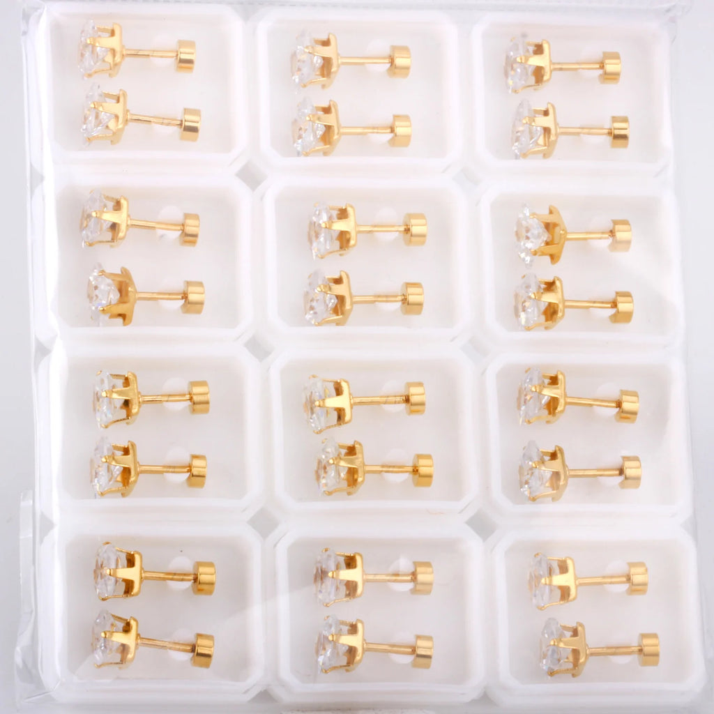 12Pairs Multi Colored CZ Stud Earrings 18K Plated Stainless Steel