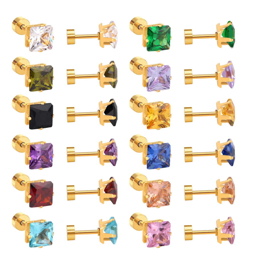 12Pairs Multi Colored CZ Stud Earrings 18K Plated Stainless Steel