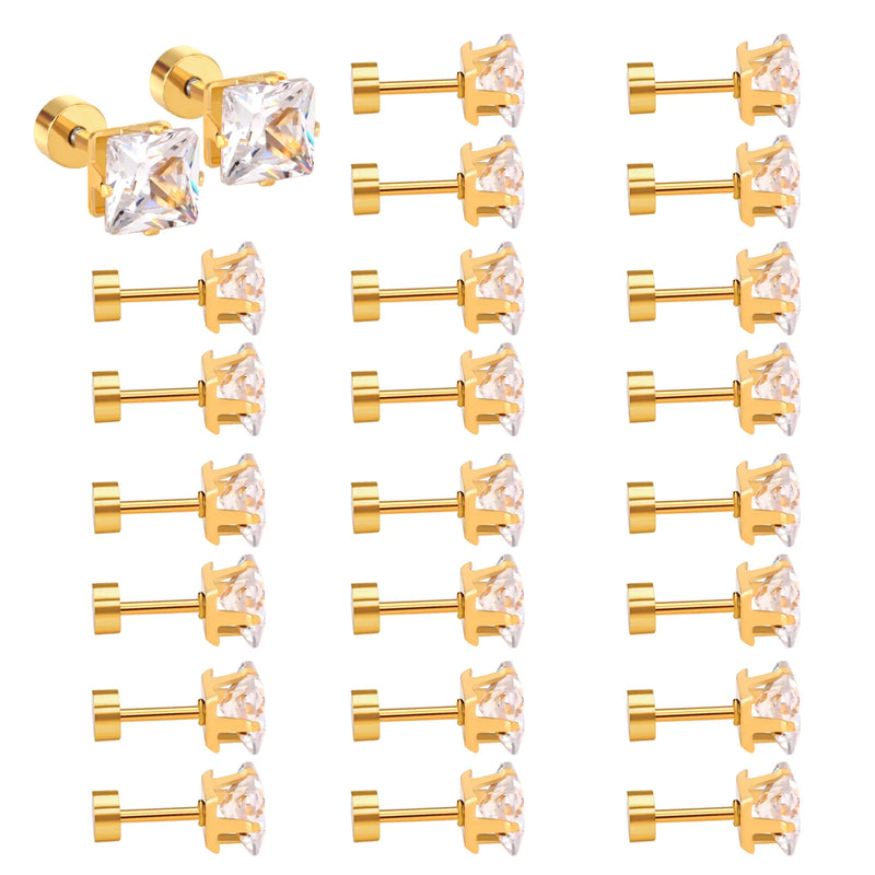 12Pairs Multi Colored CZ Stud Earrings 18K Plated Stainless Steel
