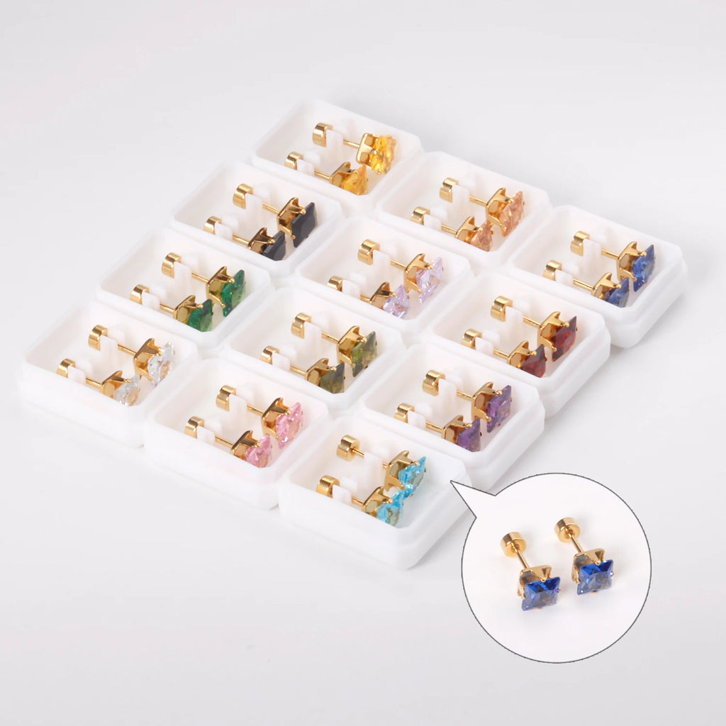 12Pairs Multi Colored CZ Stud Earrings 18K Plated Stainless Steel