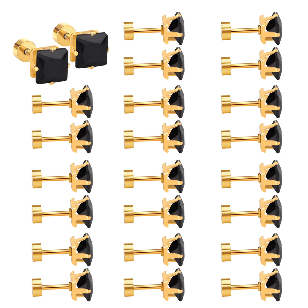 12Pairs Multi Colored CZ Stud Earrings 18K Plated Stainless Steel