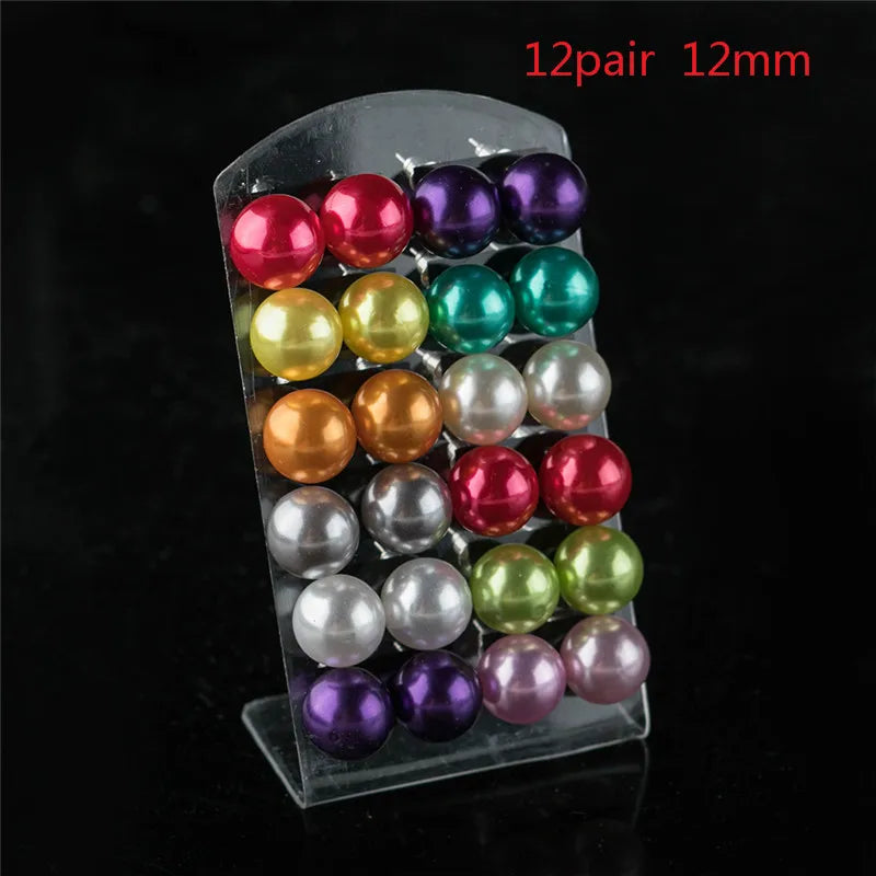 12Pairs Colorful Pearl Stud Earrings 4 6 8 10mm