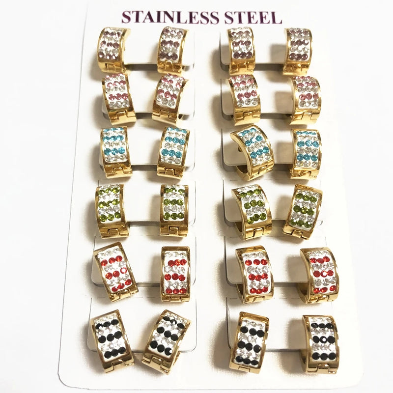 12Pairs Stainless Steel Hoop Earring Colorful Crystal Circle Earrings for Women