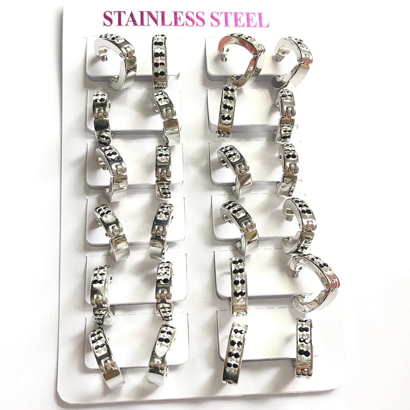 12Pairs Stainless Steel Circle Earring Heart Hoop Earrings Rhinestone