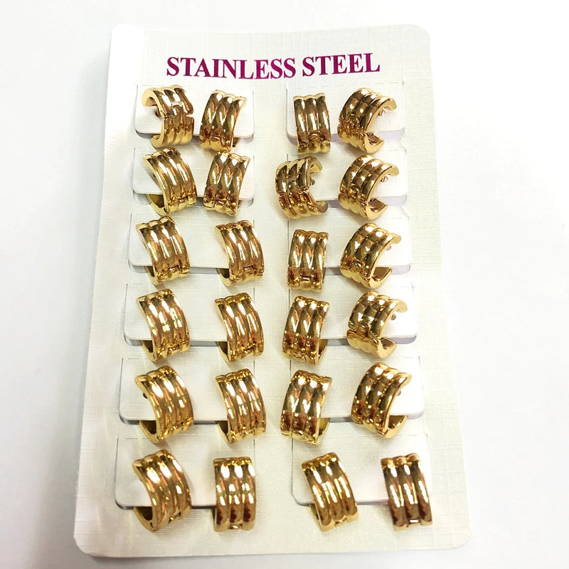 12-Pairs Stainless Steel Hoop Earrings Chunky Piercing Women Men Bulk Jewelry
