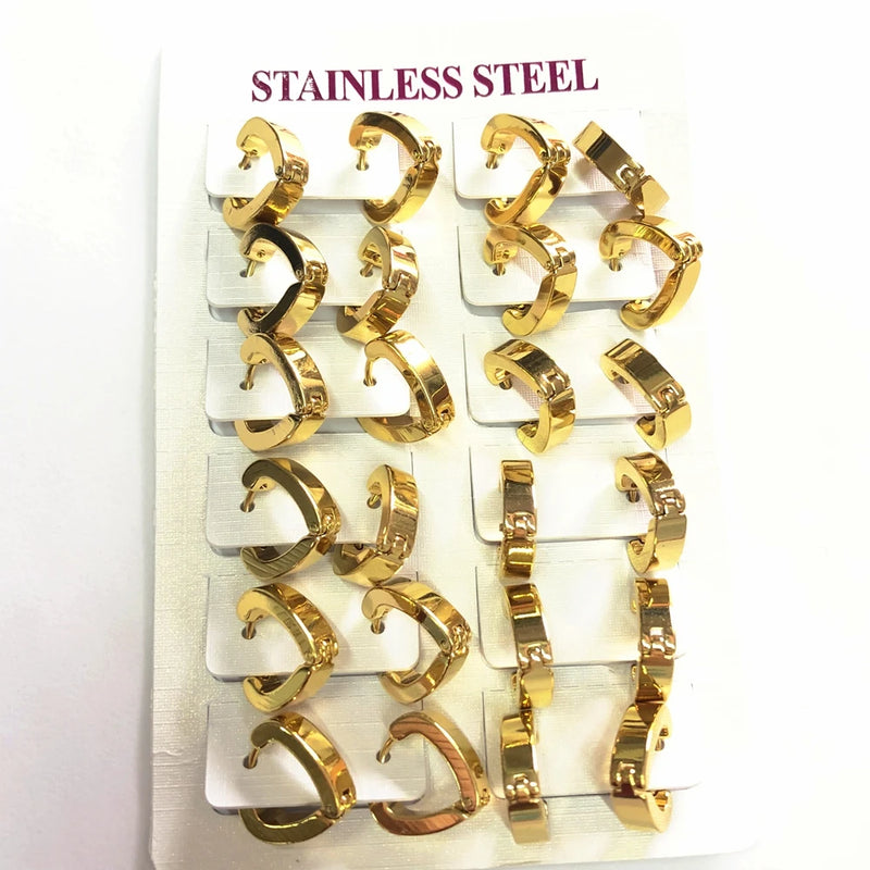 12Pairs/Set Titanium/Stainless Steel Heart Hoop Earrings for Women Girls