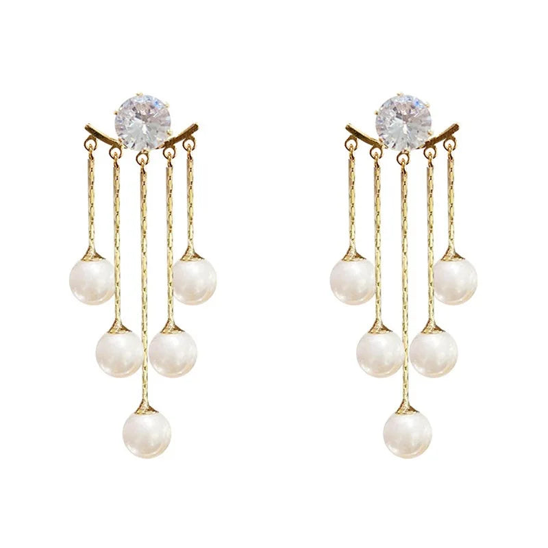 Vintage Pearls Tassel Earrings Crystal Jewelry