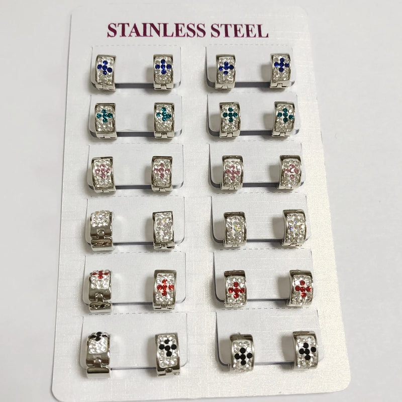 12Pairs 9*4mm Stainless Steel Colorful Crystal Mini Hoop Earrings