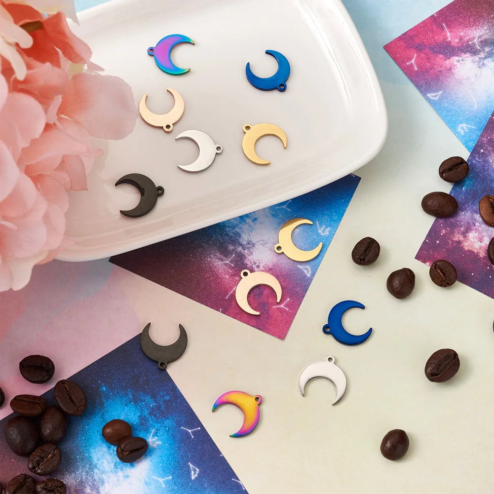 12Pcs Mixed Crescent Double Horn Stainless Steel Pendants 6 Colors