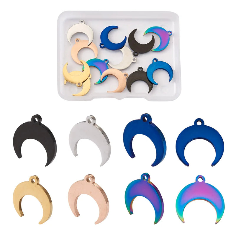 12Pcs Mixed Crescent Double Horn Stainless Steel Pendants 6 Colors