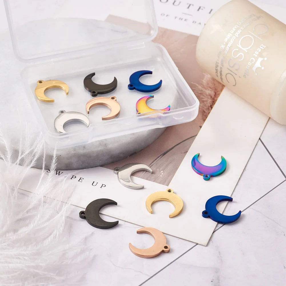 12Pcs Mixed Crescent Double Horn Stainless Steel Pendants 6 Colors