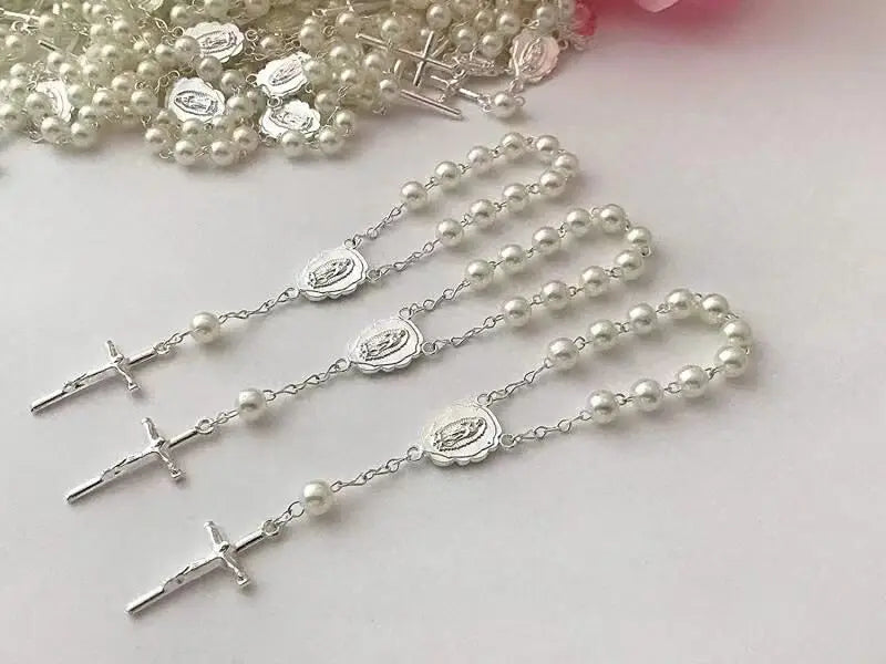 12Pcs Baby 6mm Glass Pearl Rosary Bracelet Eucharist Gift Cross Mini Rosary