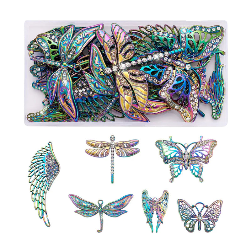 12Pcs Butterfly Dragonfly Charms Crystal Wing Alloy Pendants DIY Jewelry